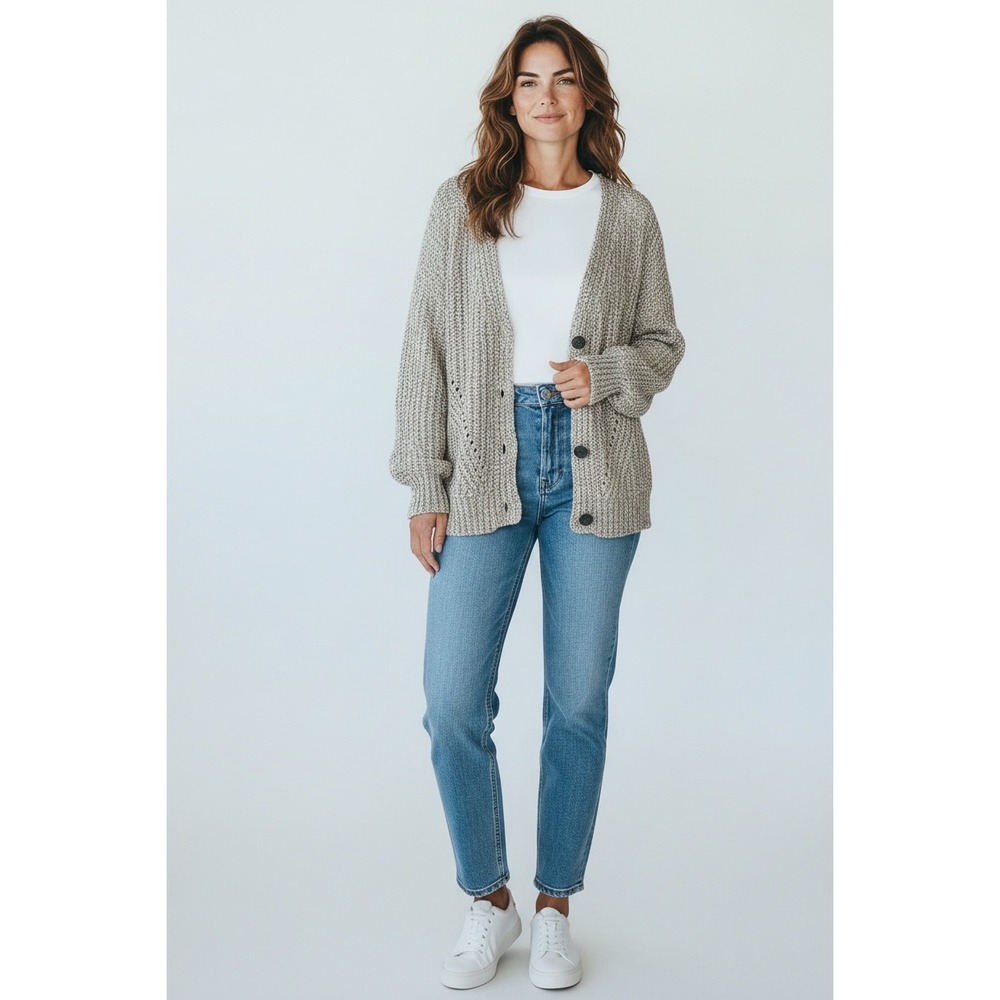 Natural Reflections Womens XL Oatmeal Marl Chunky Knit Button Front Cardigan
